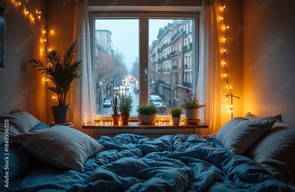 Fototapeta premium Unmade blue bed with pillows near window. Fairy lights glow, plants on sill. City street traffic seen through window on rainy day. Cozy home atmosphere.