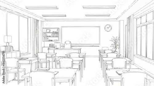 Empty Classroom Sketch with Desks and Whiteboard.