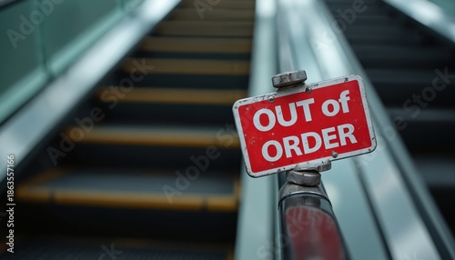 Red sign on a broken escalator reads Out of Order. Steps are dark and unmoving in a modern building interior. Machine needs repair and service.