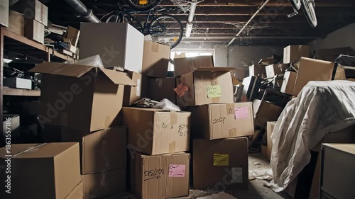 A cluttered storage area, filled with cardboard boxes, creating a messy, dimly lit environment