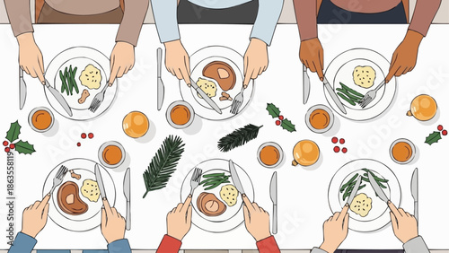 People enjoying a festive holiday meal together at a table.