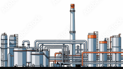 Industrial chemical plant with pipes and towers illustration.