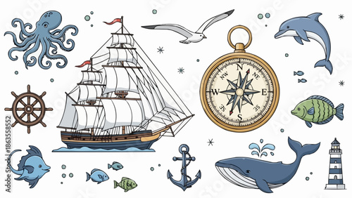 Nautical elements collection with sailing ship and marine life.