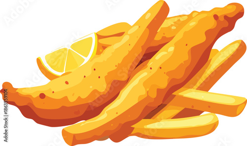 Golden Fish and Chips: A vibrant and appetizing illustration of crispy fish and chips, accompanied by a fresh lemon slice, showcasing a classic and beloved food combination.