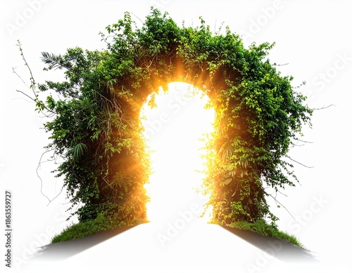 Enchanting arch of vibrant green leaves glows with a bright, ethereal light, representing a hopeful gateway to nature's embrace and a fresh start