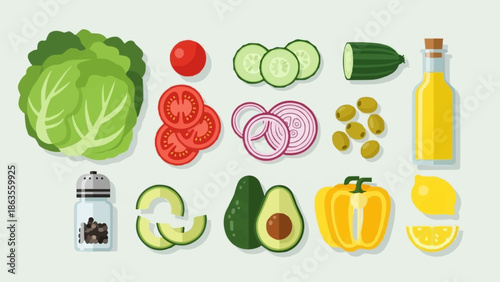 Fresh Salad Ingredients Arranged Artistically on a Light Background.
