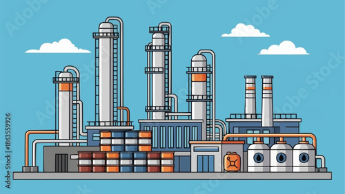 Industrial Chemical Plant with Tall Towers and Storage Tanks.