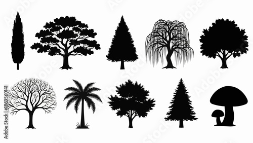 Collection of various tree silhouettes and a mushroom illustration.