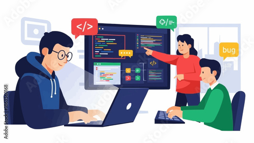 Diverse team collaborating on a software development project.