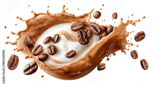 Coffee splash latte art milk swirl coffee bean brown liquid creamy texture dynamic motion macro food isolated white beverage concept Joyful energy surges as creamy milk swirl meets, isolated