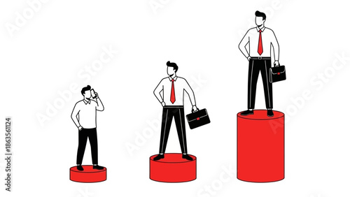 Three businessmen standing on progressively taller red cylinders, symbolizing career growth and success.