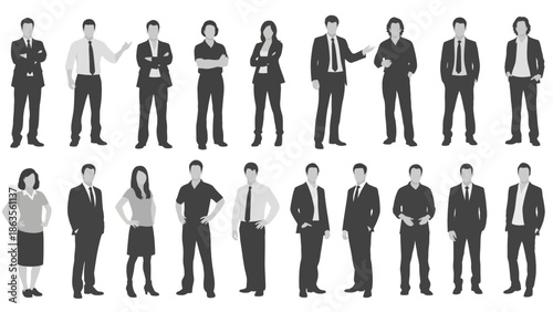 A collection of diverse business people silhouettes in various poses, showcasing professional attire and a range of stances.