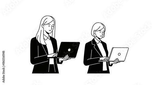 Two women in business attire are holding and looking at their laptops, suggesting a professional work environment.