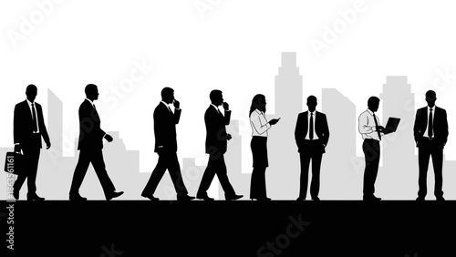 Silhouettes of business people walking and standing against a city skyline.
