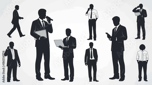 Collection of Silhouettes of Businessmen in Various Poses and Activities, Illustrating Professional Life.
