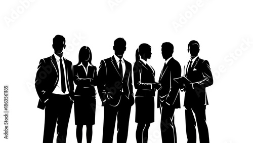A silhouette of six business professionals standing together in formal attire against a white background.