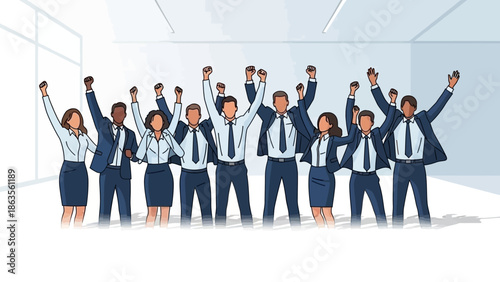 A diverse group of business professionals raising their arms in celebration and success within an office setting.