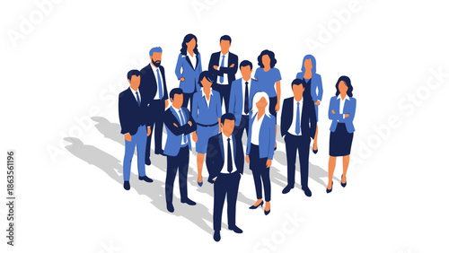 A diverse group of professionals in business attire standing together, showcasing teamwork and unity in a corporate setting.