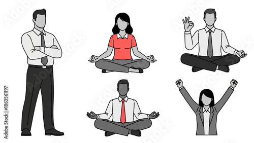 Diverse group of business professionals practicing mindfulness and meditation in office attire, some in yoga poses, others standing or celebrating success.