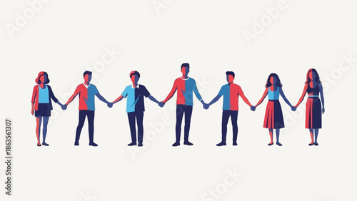 Diverse group of people holding hands in a line, symbolizing unity and connection.