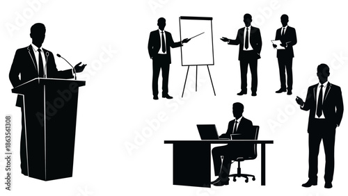 Collection of black silhouette illustrations depicting various business-related activities and professional scenarios.