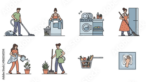 A collection of illustrations depicting various household chores and domestic activities.