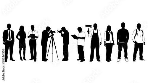 A diverse group of people in silhouette, representing various professions and activities.