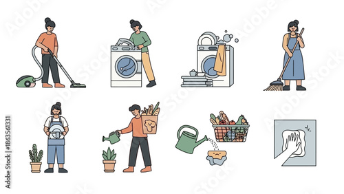 Collection of illustrations depicting various household chores and daily activities.