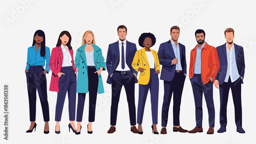 A diverse group of business professionals standing together, showcasing a variety of modern professional attire and confident stances.