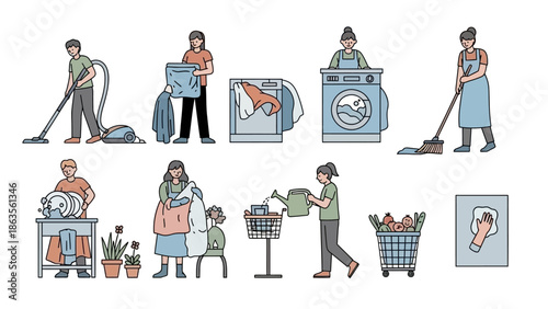 A collection of illustrations depicting various household chores and domestic activities.