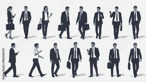 A collection of diverse business professionals in suits walking and holding briefcases and phones.