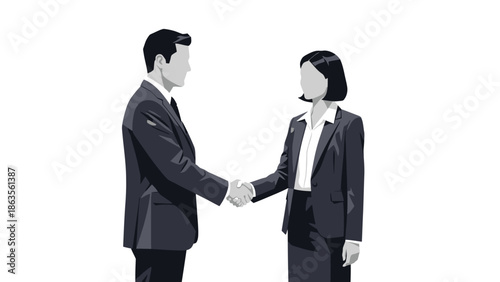 A man and a woman in business suits shaking hands, symbolizing a deal or agreement.