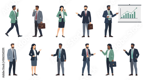 A diverse group of business professionals in formal attire are depicted in various poses, some engaged in conversation and others presenting information.