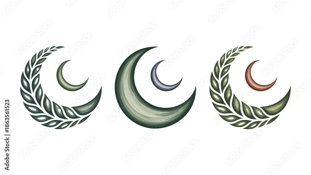 Obraz premium Celestial Crescent Trio: A collection of three serene crescent moon designs, each delicately adorned with leaves, evoke a sense of tranquil celestial symbolism.