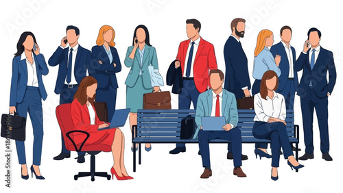 A diverse group of professionals in business attire are gathered, some talking on phones, others working on laptops, conveying a sense of a busy corporate environment.