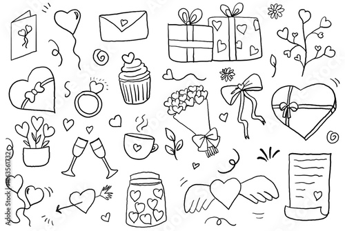 Hand-drawn Valentine’s Day doodle illustration featuring black and white line art elements such as hearts, gift boxes, love letters, envelopes, cupcakes, flowers, bouquet, coffee cup, champagne glasse