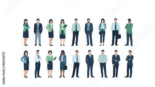A diverse group of business professionals standing in two rows against a white background.
