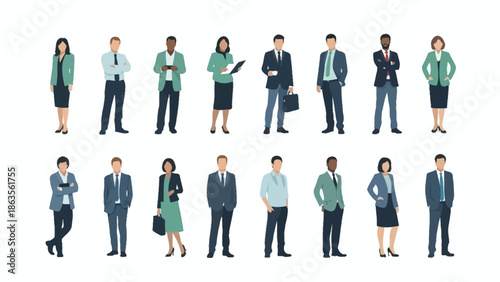 A diverse group of business professionals standing in two rows, showcasing a variety of attire and poses.