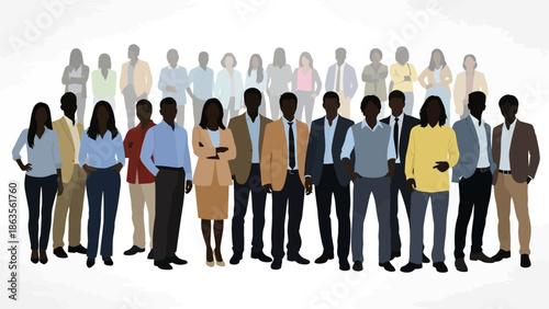 A diverse group of men and women standing together in a professional setting, showcasing unity and collaboration.