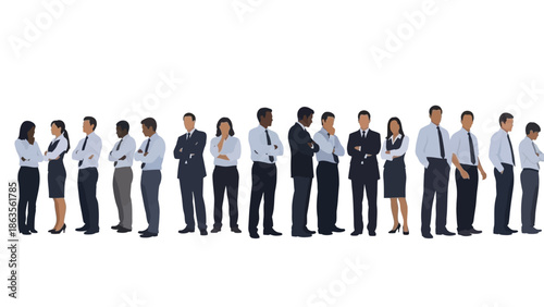 A diverse group of business professionals standing in a line, showcasing a variety of ages, genders, and ethnicities.