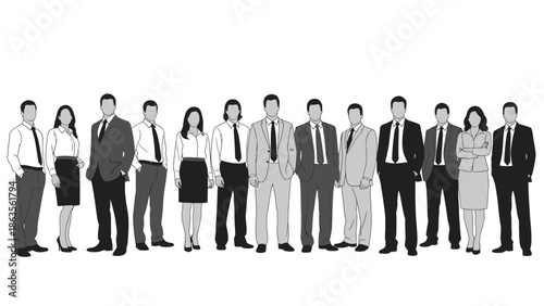 A diverse group of business professionals, both men and women, stand together in formal attire, posing for a photograph.