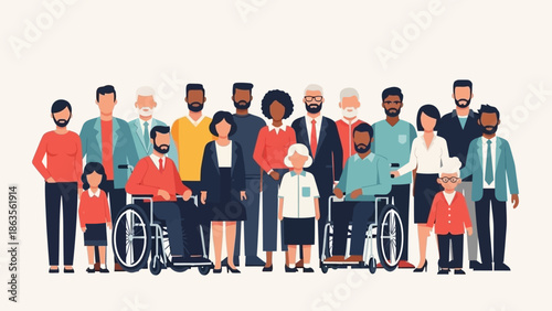A diverse group of people of various ages, ethnicities, and abilities standing together, representing inclusivity and community.