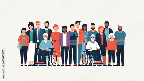 A diverse group of people of various ages, ethnicities, and abilities, including individuals in wheelchairs, standing together.