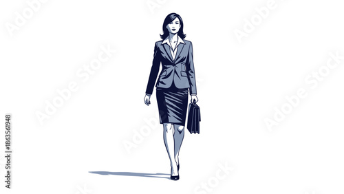 A professional woman in a suit walks forward with a briefcase, conveying determination and ambition in her stride.