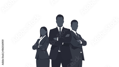Three business professionals in dark suits stand with their arms crossed, projecting confidence and authority.
