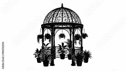 Ornate Victorian Gazebo with Hanging Plants and Potted Flora.