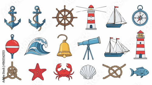 Nautical Icons Collection Featuring Anchors Ships and Lighthouses.