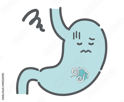 胃アニサキス症のイラスト（胃の中で暴れる寄生虫）