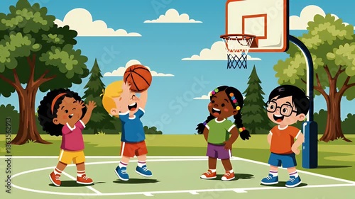 Cartoon kids playing basketball on outdoor court in sunny day, cartoon style illustration
