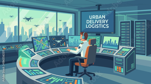 A logistics controller operates a high-tech monitoring station tracking urban delivery drones above the city, concept for smart logistics, modern delivery systems and futuristic transportation